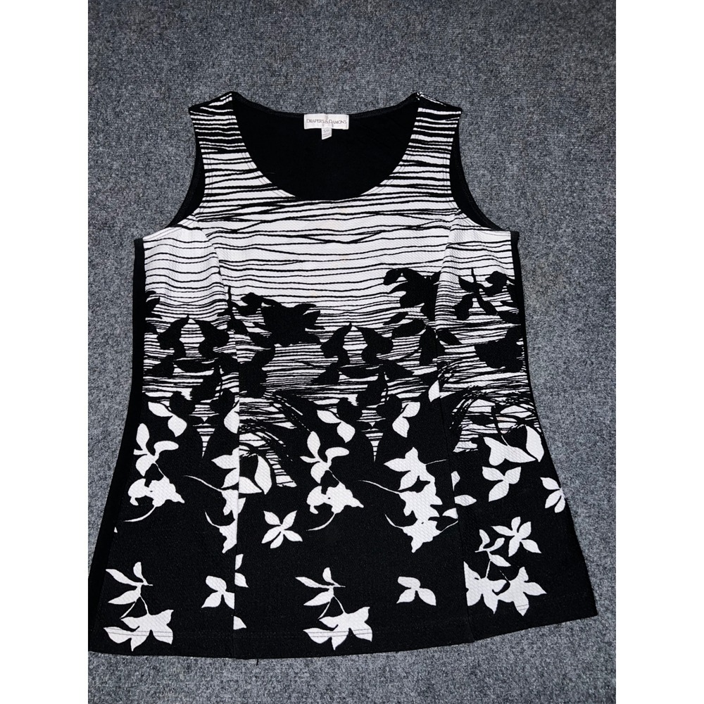 Drapers & Damons Women Small Black White Floral Stripe Sleeveless Tank Top